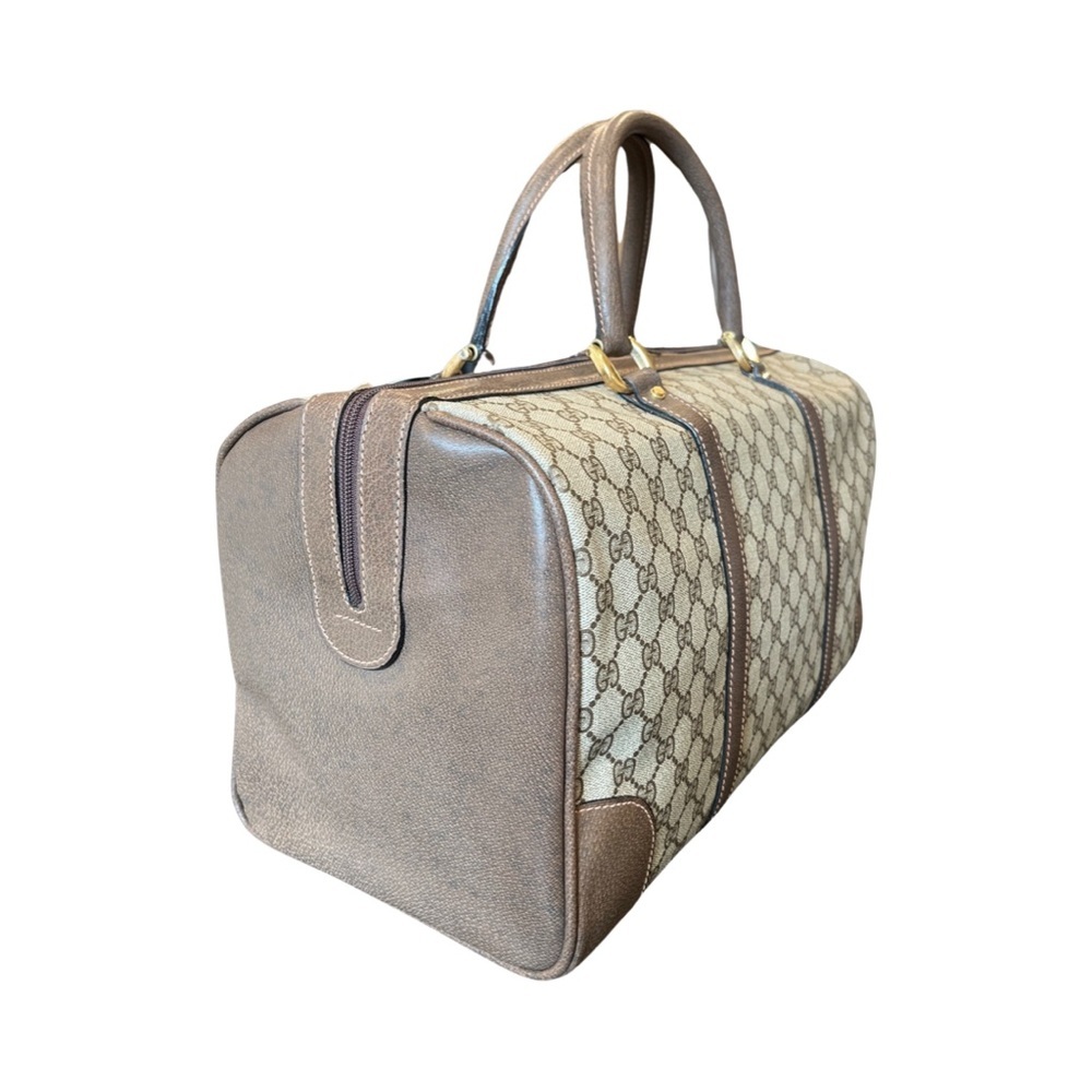 Vintage Gucci GG Supreme Boston Bag Travel Duffle Brown Monogram Leather Trim - Picture 12 of 15